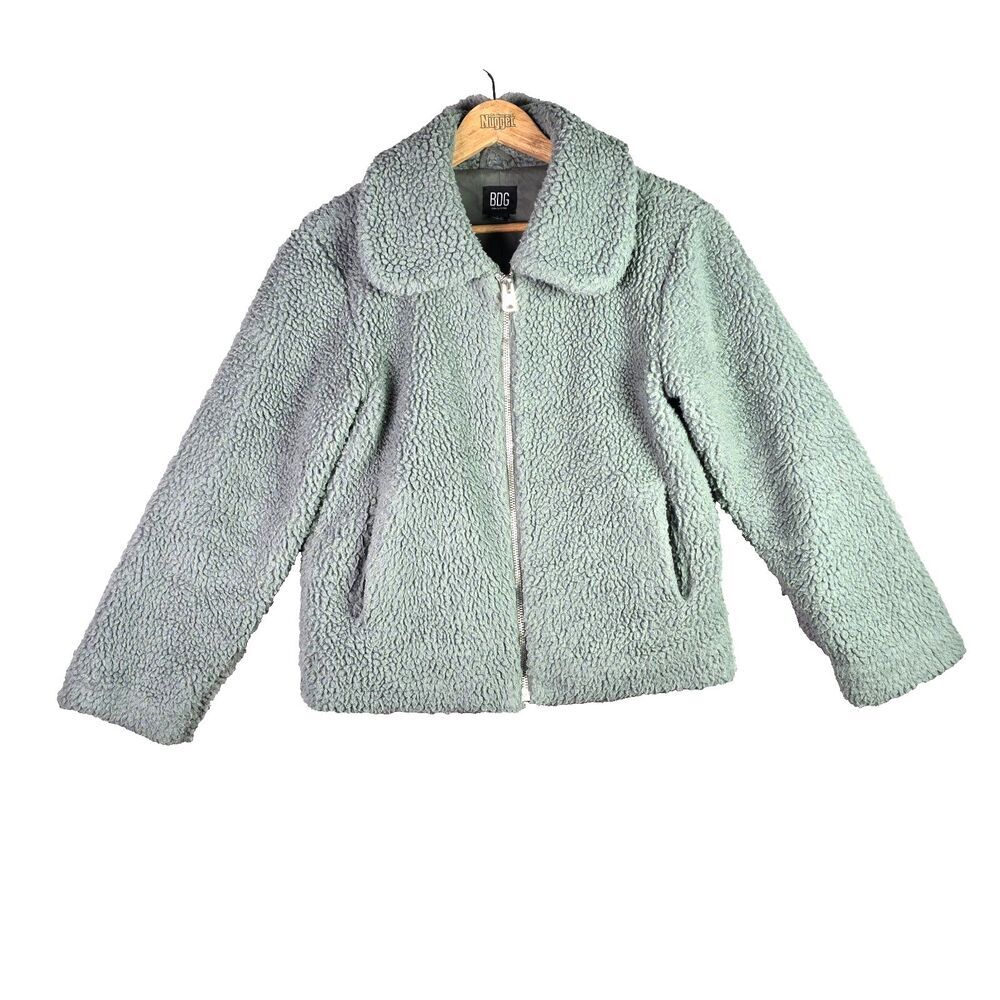 BDG Sherpa Jacket Sage Green Small Full Zip Collared Lined Teddy Cozy Minimalist